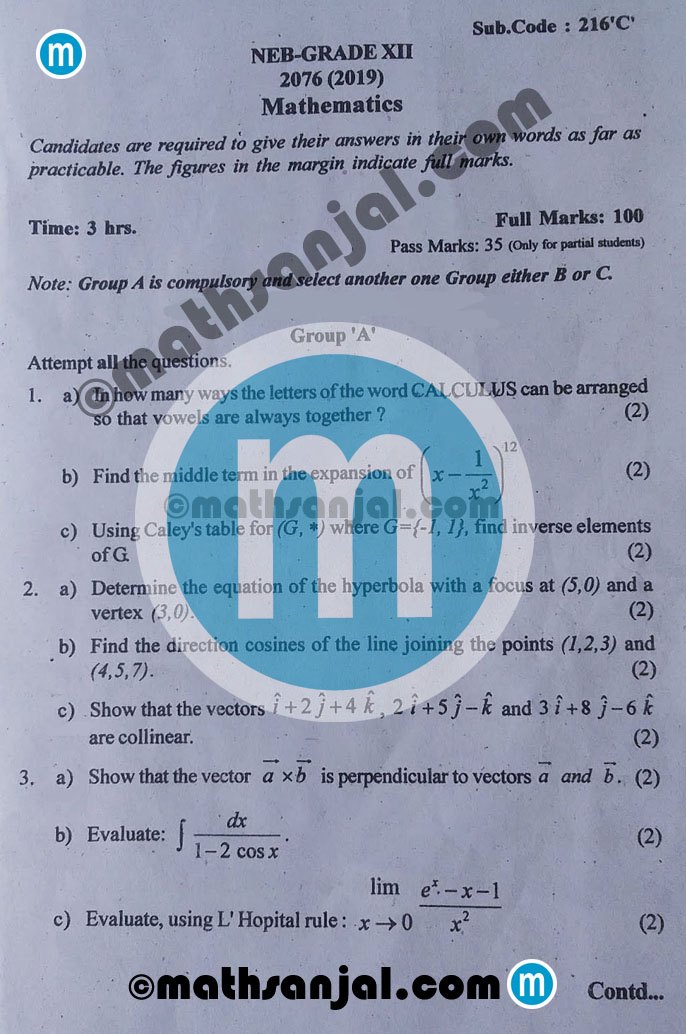 Mathematics-Question-Paper-2076-2019-Grade-12-XII-code-216c-NEB