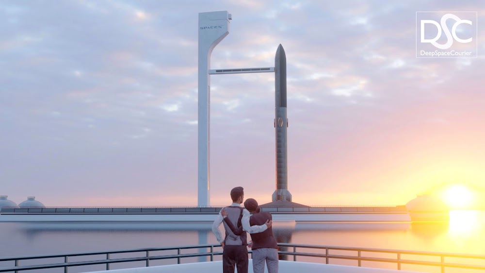 Couple boarding SpaceX Starship Super Heavy at ocean launch platform by DeepSpaceCourier