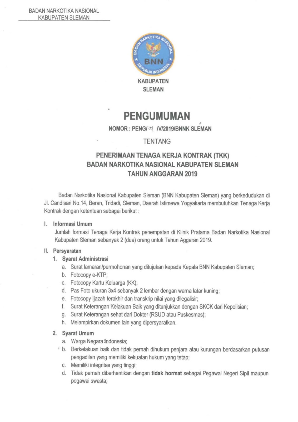 Rekrutmen Terbaru Badan Narkotika Nasional Kabupaten Sleman