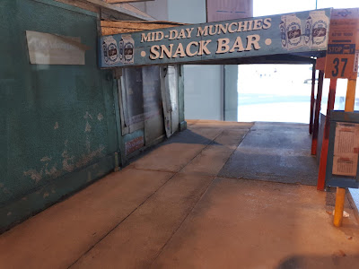 Detail of the side wall and awning of a 1/24 scale model of the Midday Munchies Snack Bar.