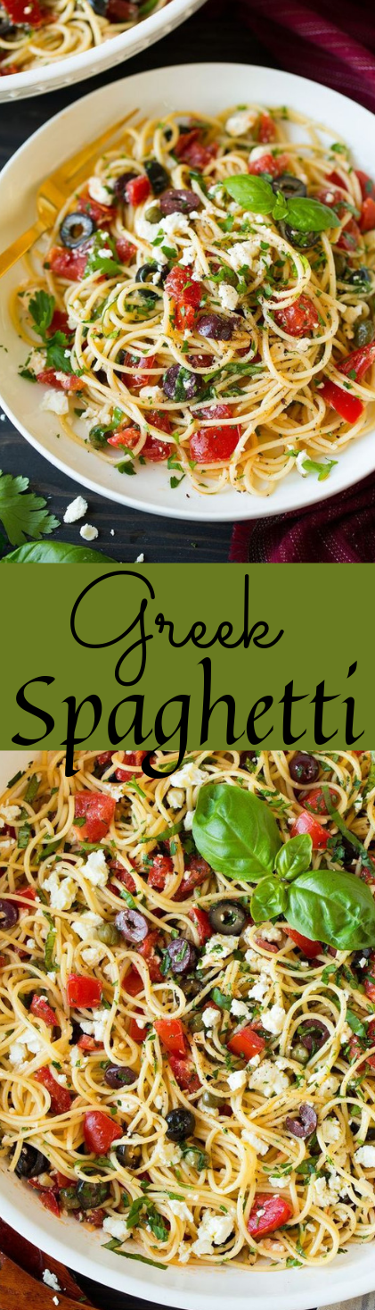 Garlicky Greek Spaghetti Toss #garlic #dinner #healthyrecipes #food #easy
