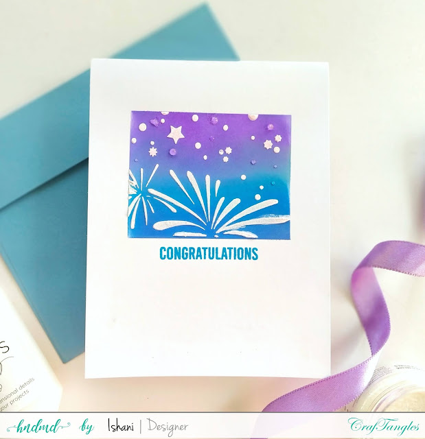 Congratulations card, Craftangles Fireworks stencil, Craftangles Rectangle masking stencils, Craftangles texture paste, Craftangles fairy dust, Masking stencil cards, One layer cards, CAS cards, Craftangles gem drops, stencil card, Stretch your stencils, stenciling, Ink blending, Quillish, 