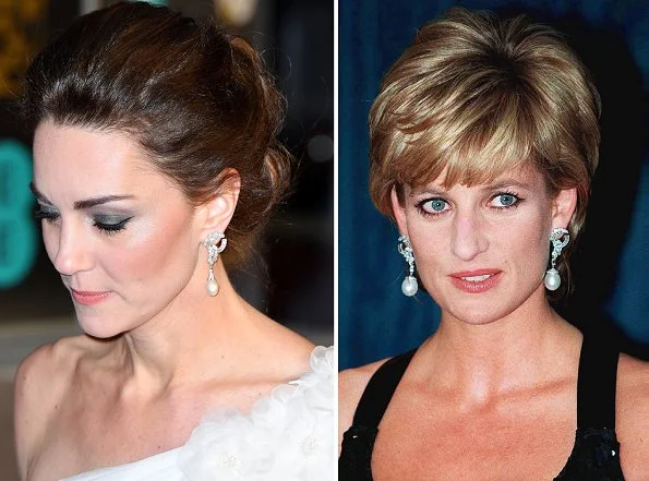 Kate Middleton, the Duchess of Cambridge wearing Princess Diana's pearl earrings, Jenny Packham one shoulder gown