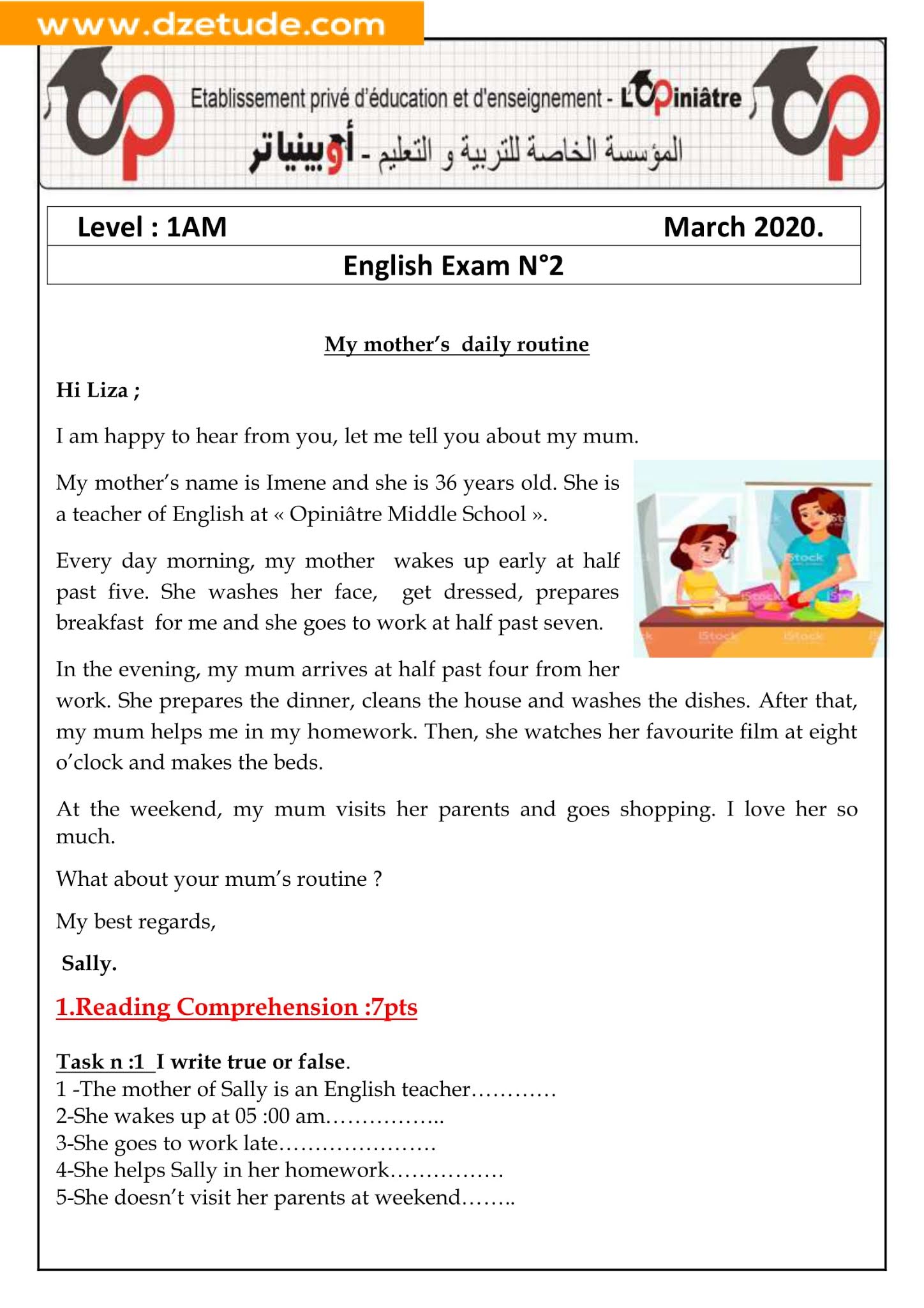 إختبار اللغة الإنجليزية الفصل الثاني للسنة الأولى متوسط - الجيل الثاني نموذج 6