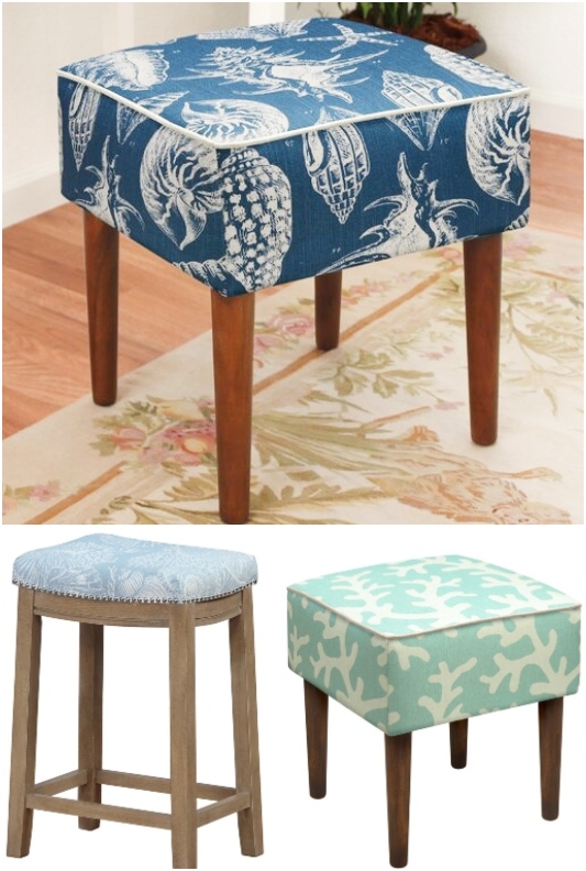 Coastal Beach Seashell Theme Fabric Upholstered Stools