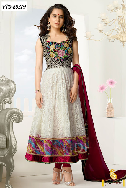 Bollywood Actress Celebrity Kangana Ranaut Wedding Wear White Anarkali Salwar Suit Online Shoppinh with Discount Offer at Pavitraa.in