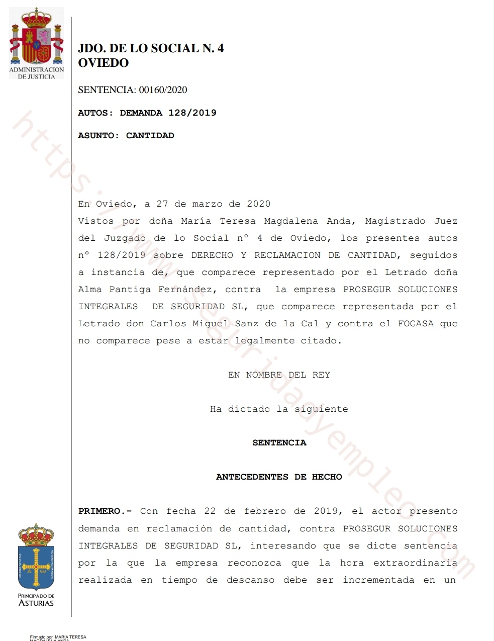 [DESCARGAR SENTENCIA] Un juzgado de lo social de Oviedo condena a Prosegur a pagar a  un vigilante un  incremento del 75 % en la hora extraordinaria trabajada durante su tiempo de descanso