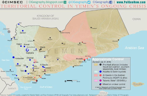 Map of territorial control in Yemen as of January 31, 2016, including territory held by the Houthi rebels and former president Saleh's forces, president-in-exile Hadi and his allies in the Saudi-led coalition and Southern Movement, Al Qaeda in the Arabian Peninsula (AQAP), and the so-called Islamic State (ISIS/ISIL). Includes recent areas of fighting, such as Aden, the Bab al-Mandeb Strait, Dhubab, Hanish Island, Harad, Maydee, Mukallah, and more.