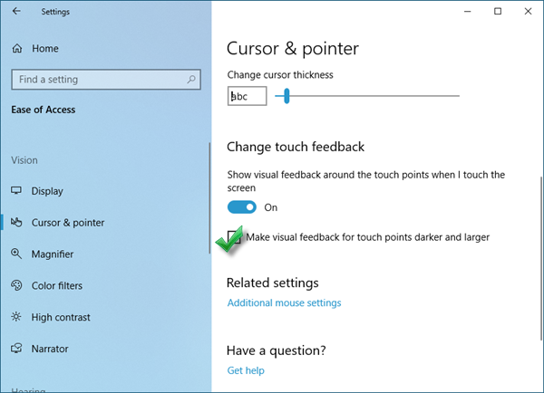 Windows 10에서 터치 포인트에 대한 시각적 피드백을 더 어둡고 크게 만들기