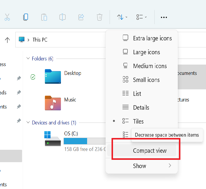 Windows 11에서 파일 탐색기의 기본 간격 바꾸기