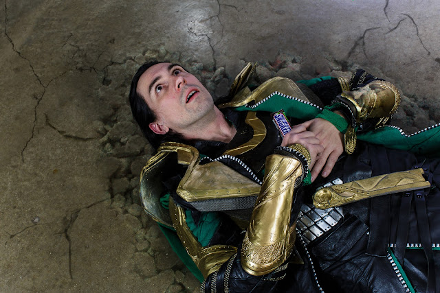 Loki, grabbing a Snickers after being smashed by the Hulk