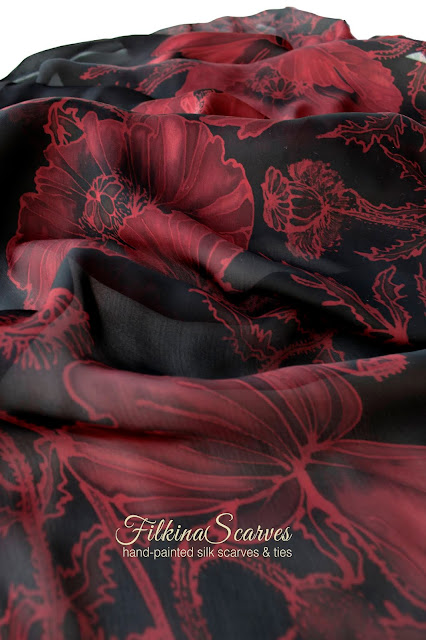 Red and black poppies silk chiffon scarf | OOAK HAND-PAINTED | Wedding Gift Idea | Mother of the Bride / Groom Gifts | Bridesmaid wrap | Art #filkinascarves #silkscarf #womensfashion #giftforher #eveningdresses #fashionaccessory #redandblack #poppies #batik #ooak #weddinggifts