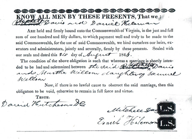 Marriage bond Mitchell Davis and Martha Ann Willson 1846 https://jollettetc.blogspot.com