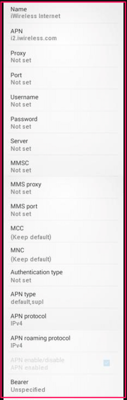iWireless APN settings for Android