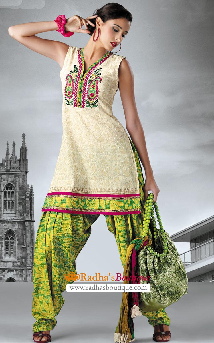 Off White & Green Cotton Salwar Kameez Radha's Boutique Ladies