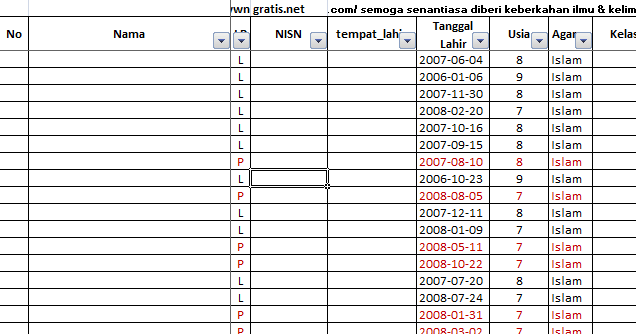 Membuat Daftar Tabel Usia Siswa Otomatis dengan Excel