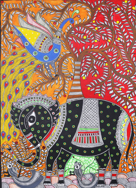 Buy Folk Art Paintings of an Elephant and Peacock with Tree of Life