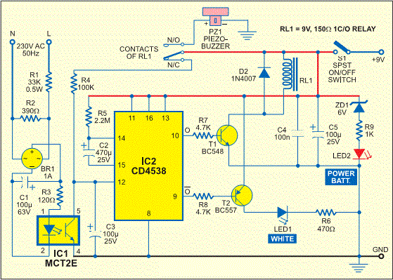 Mains Supply Failure Alarm | Electronic Circuits Diagram magnetek motor wiring diagram 