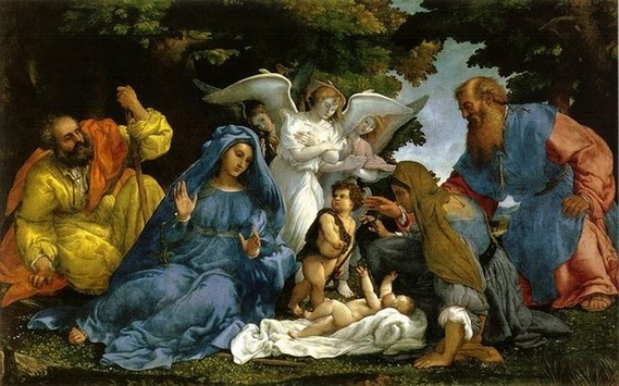 Sacra Famiglia con Zaccaria, Elisabetta,Giovanni Battista e gli angeli 1536 - 1537 circa Lorenzo Lotto 