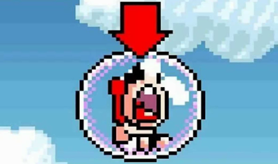 Yoshi's Island Baby Mario crying in bubble red arrow