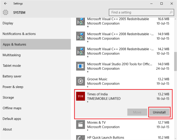 Figue 3 - Supprimer les applications Windows 10