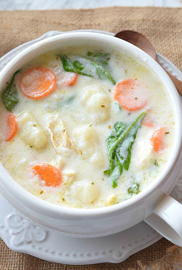 Shredded chicken,spinach,gnocchi,carrots and creamy broth makes this soup