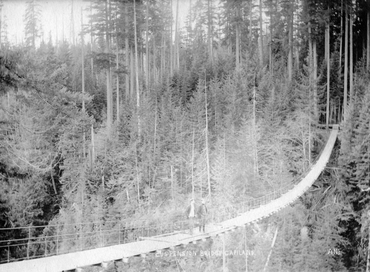 These vintage photographs capture people crossing the famous Capilano Suspension Bridge in Vancouver  1890 1910 - 88