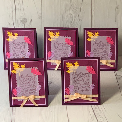 Five handmade fall-themed greeting cards using the Stampin' Up! Beautry of Tomorrow and leaves from the Beautiful Leaves Dies