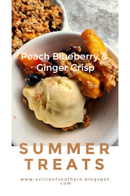 Peach Blueberry & Ginger Crisp:  Nothing tastes more like summer than juicy sweet peaches with bursts of tart blueberries laced with ginger, all topped with a crunchy buttery topping. - Slice of Southern