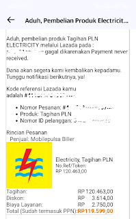 Notifikasi transaksi via email dari lazada tentang pembayaran listrik pln pascabayar