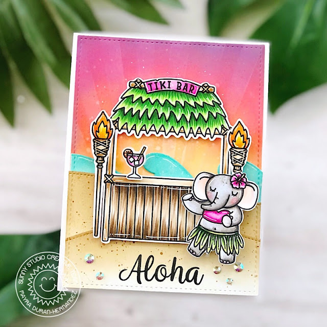 Sunny Studio Stamps: Tiki Time Stitched Rectangle Dies Tropical Themed Card by Mayra Duran-Hernandez