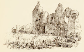 A sketch of the ruins of Auldhame Castle taken from The Castellated and Domestic Architecture of Scotland from the Twelfth to the Eighteenth Century  Volume Four  By David MacGibbon and Thomas Ross, published in 1892