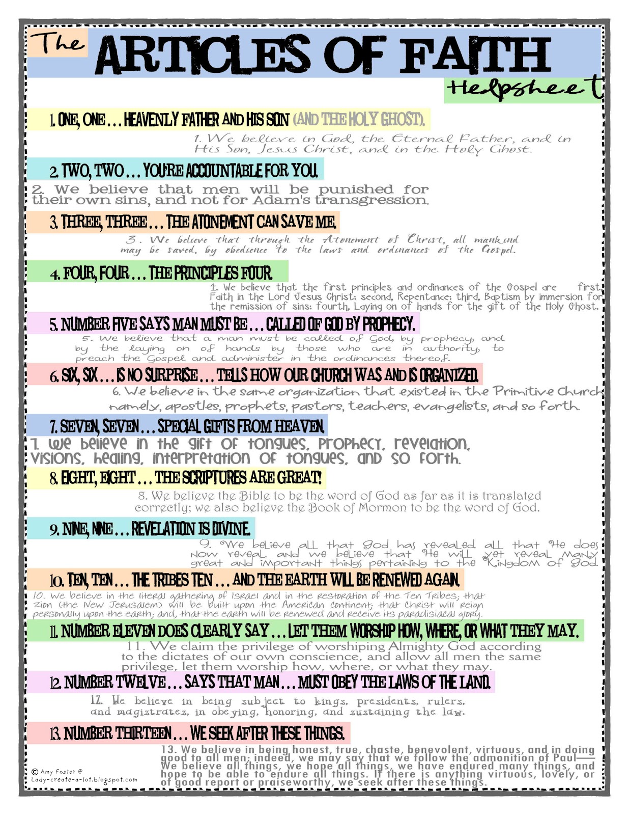 Lady Create a lot The Articles Of Faith Helpsheet Chant Ditty Song Lady Create a lot The Articles Of Faith Helpsheet Chant Ditty Song