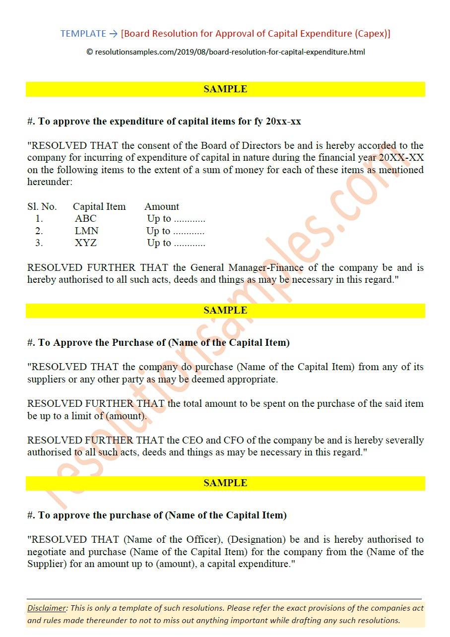 Draft Board Resolution Approval Of Capital Expenditure Capex