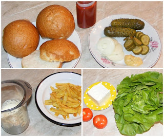 ingrediente pentru hamburgeri, chifle, salata, branza, rosii, ceapa, castraveti, maioneza, ketchup, cartofi prajiti, 