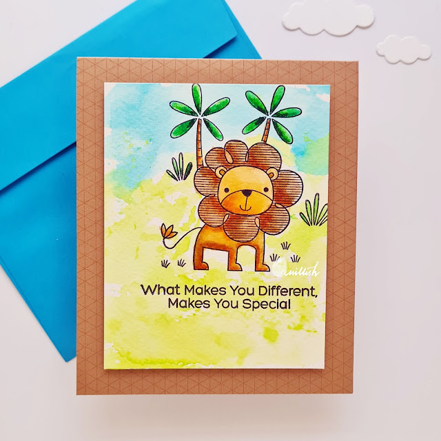 Lion card, Wild jungle card, MFT wild about you stamp set, CAS card, ink smooshing, watercolors