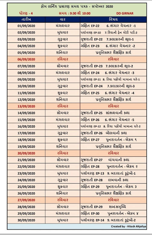 STD - 4, ALL DAYS HOME LEARNING VIDEOS AND TIME TABLE, SEPTEMBER- 2020