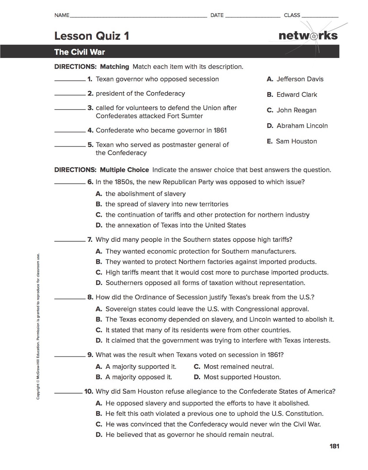 EHMS Texas History Chapter 16 Vocabulary Due Lesson One Worksheet 
