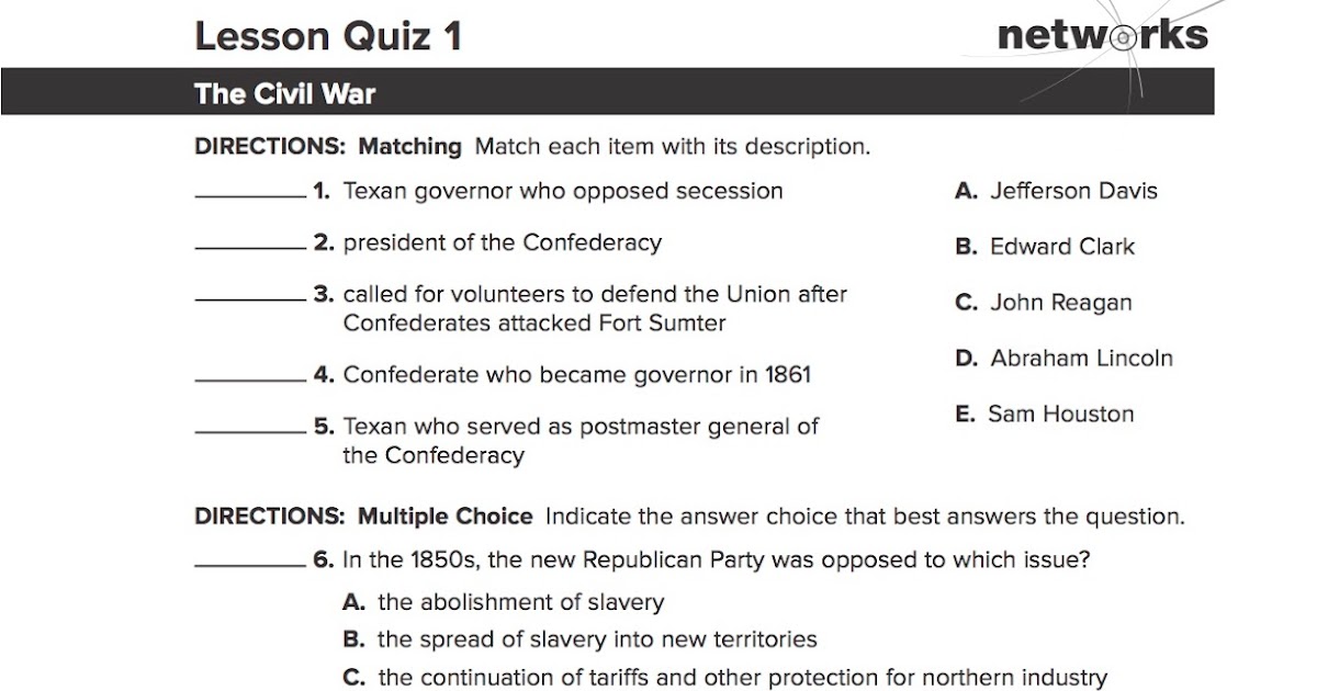 EHMS Texas History: Chapter 16 Vocabulary Due, Lesson One Worksheet