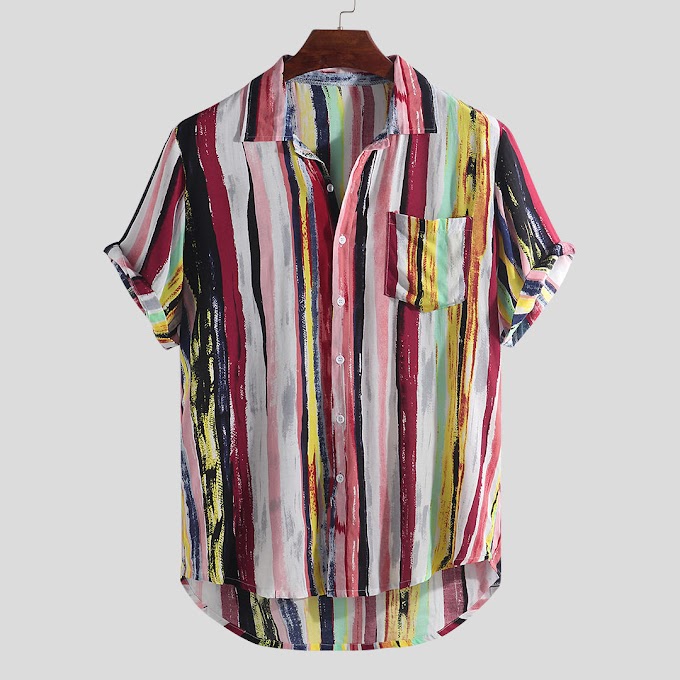 Mens Fashion Colorful Pockets Design Loose Short Sleeve Casual Shirts - Yellow Stripe M