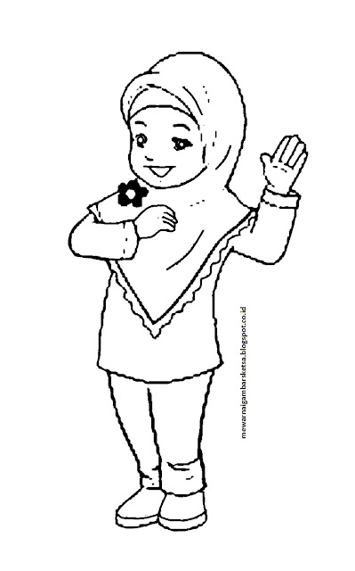 Mewarnai Gambar: Mewarnai Gambar Sketsa Kartun Anak Muslimah 1