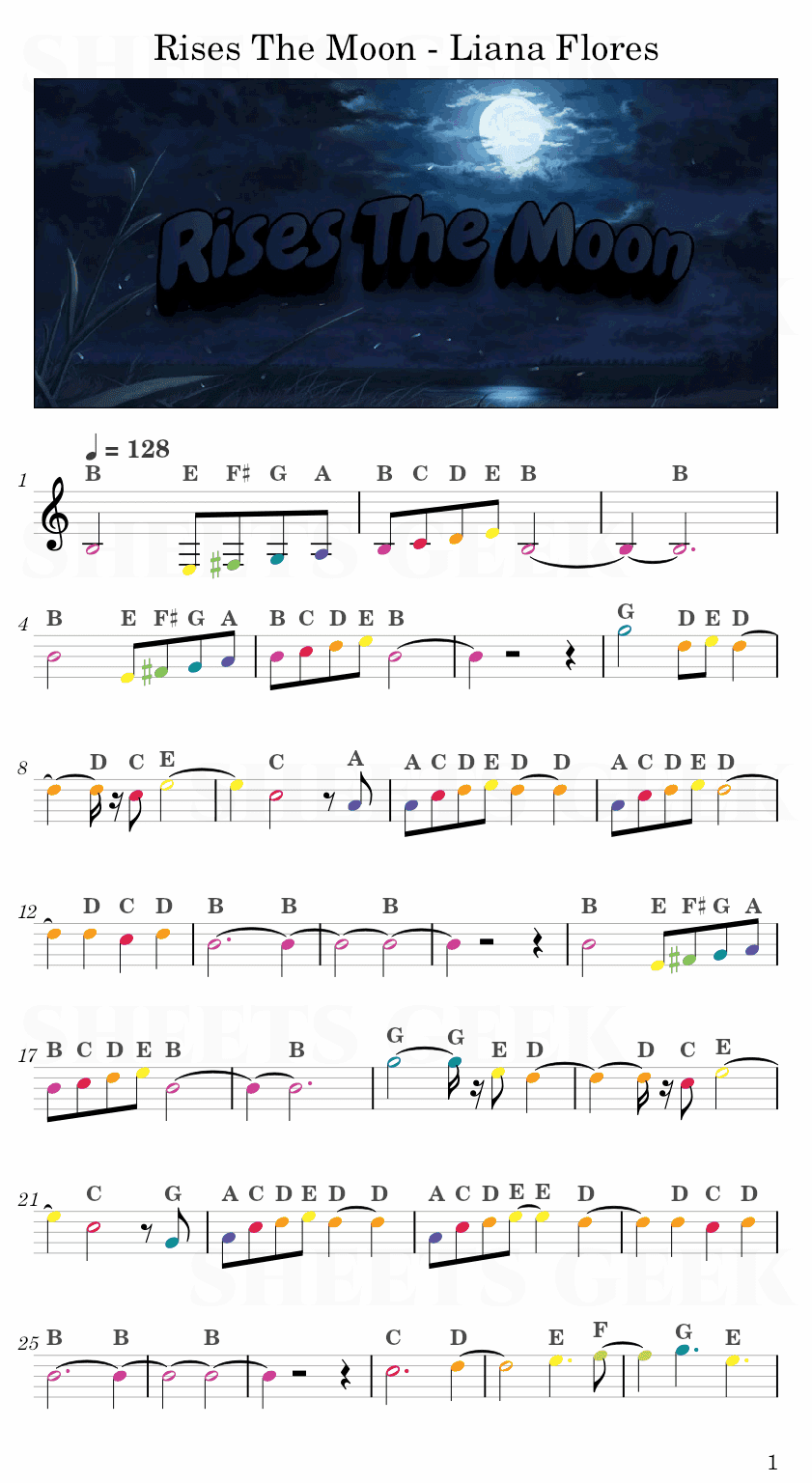 Rises The Moon - Liana Flores Easy Sheet Music Free for piano, keyboard, flute, violin, sax, cello page 1