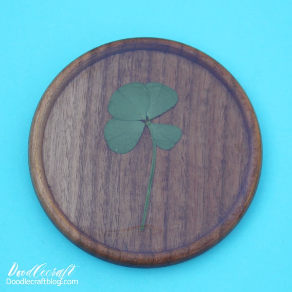 Preserve a four leaf clover in a wooden coaster with glossy resin for a long lasting reminder of your good fortune!