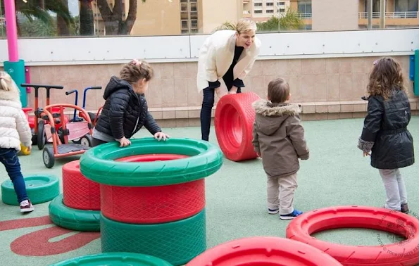 Princess Charlene of Monaco visited the nursery school of Monaco and the college 'Charles III' where the South africa children met the children of the college