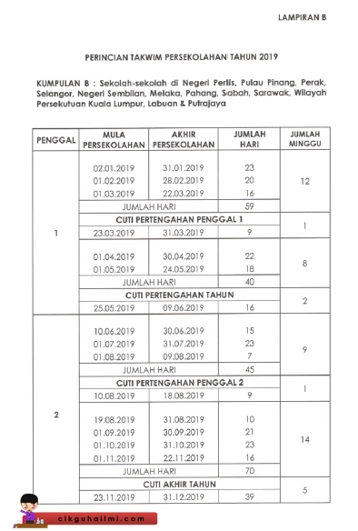 Takwim Persekolahan Tahun 2019 Kumpulan B