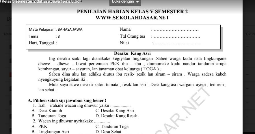 Soal Penilaian Harian K13 Kelas 5 Semester 2 Bahasa Jawa Tema 8 Sekolahdasar Net