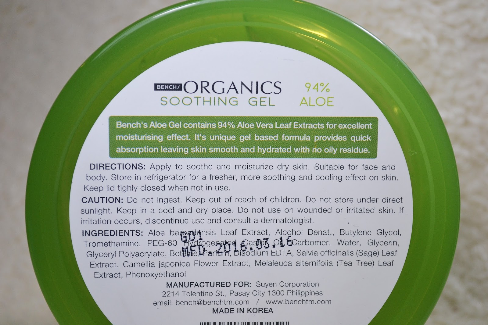 BENCH ORGANICS 94 Aloe Vera Soothing Gel and 92 Face and Body Mist