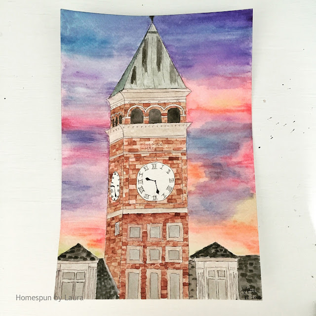 homespun by laura daily doodle clemson tillman hall sunset watercolor