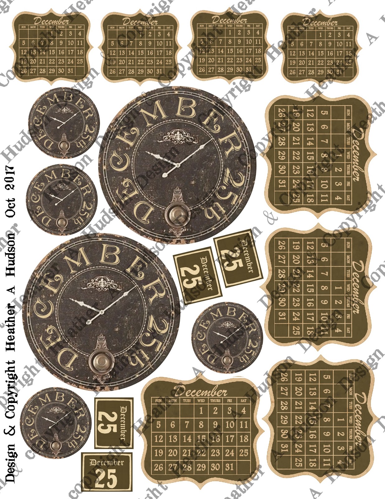 Heather A Hudson New Vintage December Calendar Digital Collage Sheet Set