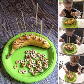 banana with cheerios threaded on spaghetti fine motor activity